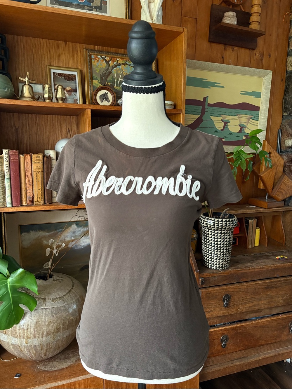 90s VINTAGE Abercrombie & Fitch Brown Spellout Graphic Single Stitch T-Shirt M